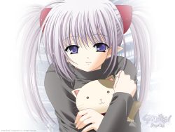 Rule 34 | 00s, 1girl, cat, derivative work, female focus, highres, long hair, nishimata aoi, pointy ears, primula, robingi, shuffle!, silver hair, solo, stuffed animal, stuffed cat, stuffed toy, twintails, vector trace