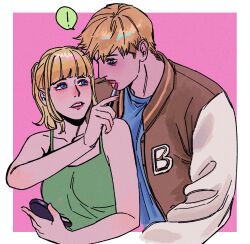 1boy 1girl bare_shoulders blonde_hair blue_eyes blue_shirt blunt_bangs brown_jacket chocytd cosmetics green_tank_top high_ponytail highres holding holding_lipstick_tube hooker_(hotline_miami) hotline_miami jacket jacket_(hotline_miami) letterman_jacket lipstick lipstick_tube looking_at_another makeup open_clothes open_jacket pink_background ponytail shirt short_hair simple_background smile tank_top upper_body