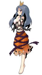 Rule 34 | 1girl, :o, bare shoulders, barefoot, black ribbon, blue hair, breasts, chirizuka ubame, clenched hand, commentary request, crop top, dairi, from side, full body, hand on own chest, highres, large variant set, light blush, long hair, looking at viewer, medium breasts, navel, open mouth, orange skirt, purple eyes, purple ribbon, ribbon, ribbon around body, simple background, skirt, solo, standing, standing on one leg, stomach, tachi-e, tank top, tiara, touhou, transparent background, variant set, white tank top