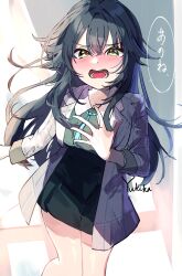 1girl :o absurdres artist_name bare_legs black_skirt blush coat commentary_request feet_out_of_frame gakuen_idolmaster green_eyes green_hair green_shirt grey_coat hair_flaps hand_on_own_chest highres idolmaster long_hair long_sleeves looking_at_viewer shirt skirt solo speech_bubble translation_request tsukimura_temari very_long_hair yukika_(fxrz7372)