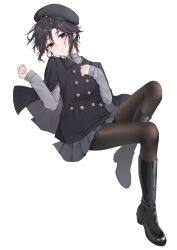 Rule 34 | 1girl, absurdres, aburi-gatana, beret, black boots, black eyes, black hair, black hat, black jacket, black pantyhose, boots, closed mouth, full body, grey skirt, grey sweater, hands up, hat, highres, idolmaster, idolmaster (classic), jacket, kikuchi makoto, knee boots, knee up, long sleeves, looking at viewer, miniskirt, pantyhose, pleated skirt, short hair, simple background, skirt, sleeves past wrists, solo, sweater, white background