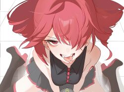 1girl :d bare_shoulders black_boots black_skirt blush boots breasts can commentary_request drill_hair ear_ornament hair_over_one_eye highres kasane_teto kasane_teto_(utau) looking_at_viewer oh_(aung_ae) open_mouth piercing pleated_skirt red_eyes red_hair sitting skirt small_breasts smile solo synthesizer_v teeth thigh_boots tongue tongue_out tongue_piercing twin_drills utau wariza