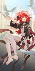 1girl absurdres angel arknights bird black_gloves black_jacket black_shorts black_thighhighs breasts chinese_commentary commentary_request detached_wings dove dress exusiai_(arknights) exusiai_the_new_covenant_(arknights) fingerless_gloves gloves halo highres jacket lingyu_ovo no_shoes open_mouth orange_eyes red_hair short_hair short_shorts shorts side_ponytail small_breasts smile soles solo thighhighs thighs toes white_dress wings