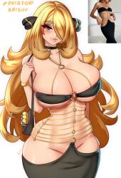 1girl alternate_breast_size anisdrawn bag black_choker black_dress blonde_hair blush bracelet breasts chain choker cleavage curvy cynthia_(pokemon) dress gold_bracelet gold_chain grey_eyes hair_ornament hair_over_one_eye highres huge_breasts jewelry large_breasts long_hair looking_at_viewer midriff navel necklace nintendo poke_ball pokemon pokemon_dppt shoulder_bag simple_background sleeveless sleeveless_dress smile solo stomach thick_thighs thighs very_long_hair