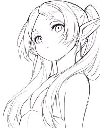 1girl bikini closed_mouth collarbone earrings flat_chest floating_earring frieren highres jewelry light_frown long_hair mewmirth monochrome pointy_ears short_eyebrows simple_background sketch solo sousou_no_frieren swimsuit teardrop_earrings thick_eyebrows twintails white_background
