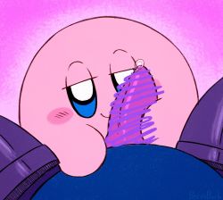 1boy 1other animated animated_gif artist_name blinking blue_eyes blush blush_stickers censored colored_skin half-closed_eyes handjob jitome kirby kirby_(series) male_masturbation masturbation meta_knight naughty_face nintendo no_humans penis penis_juice pervoborb pink_background pointless_censoring purple_footwear scribble smile ugoira wet