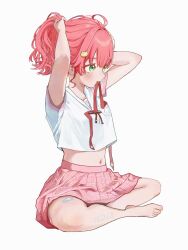 1girl ahoge arms_up bandaid bandaid_on_thigh barefoot blush cat_hair_ornament closed_mouth commentary crossed_legs expressionless feet full_body green_eyes hair_ornament hairpin highres hololive looking_to_the_side midriff mouth_hold navel neck_ribbon official_alternate_costume on_floor pink_hair pink_skirt plaid_clothes plaid_skirt ponytail r_m_n_ooo ribbon sailor_collar sakura_miko sakura_miko_(school_uniform) school_uniform serafuku shirt short_sleeves simple_background sitting skirt solo translated tying_hair undone_neck_ribbon virtual_youtuber watermark white_background white_sailor_collar white_serafuku white_shirt