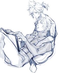 Rule 34 | 2boys, arm around neck, black jacket, chest strap, chocobobun, cloud, final fantasy, final fantasy vii, final fantasy vii ever crisis, hair between eyes, highres, jacket, lap pillow, leaning back, multiple boys, parted bangs, ponytail, reading, sephiroth, sephiroth (ever crisis), shirt, short hair, sitting, sketch, slit pupils, spiked hair, sweater, turtleneck, turtleneck sweater, white background, white shirt, yaoi