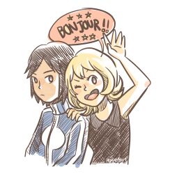 1boy 1girl arm_up black_hair black_shirt blonde_hair blue_jacket calem_(pokemon) closed_mouth collared_shirt commentary cropped_torso english_commentary english_text eyelashes grey_eyes highres jacket long_sleeves nintendo official_alternate_hair_length official_alternate_hairstyle one_eye_closed open_mouth peppertart pokemon pokemon_adventures serena_(pokemon) shirt short_hair simple_background sleeveless sleeveless_shirt smile speech_bubble star_(symbol) turtleneck white_background