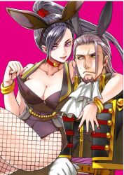 Rule 34 | 1boy, 1girl, animal ear hairband, animal ears, arm around shoulder, ascot, black jacket, black leotard, bracelet, breasts, choker, cleavage, collarbone, commentary request, dragon quest, dragon quest xi, facial hair, fake animal ears, fishnet pantyhose, fishnets, floating hair, gloves, gold bracelet, gold trim, green eyes, greig (dq11), hair slicked back, hairband, heart, heart choker, high ponytail, jacket, jewelry, large breasts, leotard, leotard pull, looking at another, looking to the side, martina (dq11), multiple bracelets, official alternate costume, pantyhose, pink background, ponytail, purple eyes, purple facial hair, purple hair, rabbit ears, red nails, single bang, smile, sweatdrop, tailcoat playboy bunny, white ascot, white gloves, yoshico 11gure