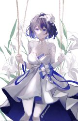 Rule 34 | 1girl, black hair, blue hair, breasts, commentary, dress, feet out of frame, flower, gloves, hair flower, hair ornament, hairband, highres, holding, honkai (series), honkai impact 3rd, medium breasts, multicolored hair, oldsprout1108, pantyhose, purple eyes, seele vollerei, simple background, solo, twitter username, two-tone hair, white background, white dress, white flower, white gloves, white hairband, white pantyhose