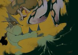 0_ici_0 cacturne cactus fangs forked_tongue gen_3_pokemon gen_8_pokemon highres monster nintendo no_humans open_mouth pokemon pokemon_(creature) sandaconda snake tongue tongue_out yellow_background yellow_eyes