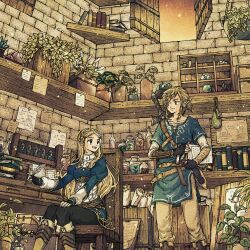 1boy 1girl aqua_tunic black_gloves black_pants blonde_hair blue_shirt book boots braid breasts brick_wall brown_boots closed_mouth crown_braid crystal desk earrings feet_out_of_frame fingerless_gloves gloves grey_pants hair_ornament hairclip highres holding holding_book holding_quill jar jewelry juliet_sleeves link long_hair long_sleeves looking_at_another low_ponytail master_sword medium_breasts medium_hair nintendo open_mouth open_window pants parted_bangs plant pointy_ears ponytail potted_plant princess_zelda puffy_sleeves quill shirt shoulder_belt sidelocks sitting smile standing the_legend_of_zelda the_legend_of_zelda:_breath_of_the_wild toriga triforce tunic vambraces vial weapon weapon_on_back white_shirt window