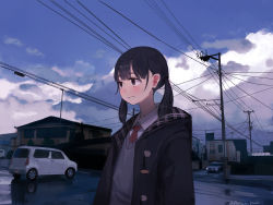 1girl absurdres black_hair building female_focus highres jacket maton_(post_it_rock) minivan necktie original outdoors power_lines red_necktie solo twintails