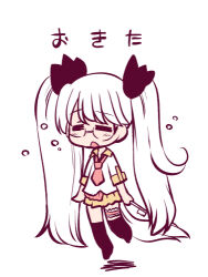 Rule 34 | 1girl, black bow, black thighhighs, blush, bow, closed eyes, floating, full body, glasses, hair bow, holding, holding toothbrush, long hair, lowres, necktie, open mouth, pink necktie, retoree (show by rock!!), shirt, short sleeves, show by rock!!, sleepy, solo, thighhighs, toothbrush, twintails, very long hair, white hair, white shirt, yokoshima takemaru