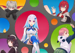 5girls :&lt; ahoge ange_katrina ange_katrina_(1st_costume) animal_ears animal_hair_ornament animal_hood ankle_boots arm_rest arm_up armband bird black_coat black_sweater blue_armband blue_hair blue_neckerchief blue_sleeves blue_thighhighs blunt_bangs boots breasts brown_hair brown_kimono buttons cardigan circle closed_mouth coat collared_shrug colored_inner_hair colored_tips colorful_background commentary_request crossed_arms crossed_bangs demon_girl demon_wings dog_ears double-breasted fangs fangs_out flower frilled_skirt frills green_nails green_skirt grey_hair hair_behind_ear hair_between_eyes hair_flower hair_intakes hair_ornament hand_up heterochromia highres hood hoodie inui_toko inui_toko_(1st_costume) japanese_clothes kimono lace-up_boots light_blush lize_helesta lize_helesta_(1st_costume) long_hair looking_at_viewer looking_back looking_to_the_side low_twintails maid_headdress makaino_ririmu makaino_ririmu_(2nd_costume) medium_breasts medium_hair mini_wings monocle multicolored_hair multiple_girls nail_polish neckerchief nijisanji off_shoulder one_eye_closed open_mouth orimesoma over-kneehighs panda_hood pink_eyes pink_hair plaid_clothes plaid_skirt pleated_skirt pointy_ears purple_eyes red_cardigan red_eyes red_hair red_wings ribbed_shirt sasaki_saku sasaki_saku_(1st_costume) sebastian_piyodore shirt shirt_tucked_in shrug_(clothing) sidelocks sitting skirt sleeves_past_fingers sleeves_past_wrists small_breasts smile sweater teeth thigh_strap thighhighs triangle_hair_ornament twintails two-tone_hair upper_teeth_only very_long_hair virtual_youtuber waving white_boots white_hair white_headdress white_hoodie white_shirt white_shrug white_skirt wings yellow_bird yellow_eyes