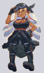 1girl :o arm_strap aviator_goggles bandana black_bandana black_boots black_gloves black_pants black_sports_bra blonde_hair boots breasts choker cleavage clothes_around_waist collarbone colored_tongue commentary dark-skinned_female dark_skin dirty dirty_face ear_piercing english_commentary eyes_visible_through_hair fang fingerless_gloves full_body gloves goggles goggles_on_head gradient_hair grey_choker hair_between_eyes hand_on_headwear hand_on_own_hip highres inkling inkling_girl inkling_player_character jacket jacket_around_waist jinkoika large_breasts long_hair looking_at_viewer midriff mole mole_on_breast multicolored_hair navel nintendo open_mouth pants piercing pointy_ears red_hair rubber_boots second-party_source solo splatoon_(series) sports_bra tentacle_hair yellow_eyes yellow_tongue
