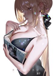 Rule 34 | 1girl, absurdres, annotated, artist name, ass, astra yao, black bow, blonde hair, boobs in book (meme), book, bow, breasts, closed mouth, collarbone, commentary, cowboy shot, diffraction spikes, dress, earrings, evelyn chevalier, finger to mouth, fingernails, from side, grey dress, hair bow, highres, holding, holding book, jewelry, large breasts, long hair, looking at viewer, meme, purple eyes, ringeko-chan, sidelocks, simple background, solo, very long hair, white background, zenless zone zero