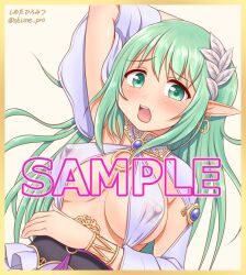 1girl anastigal_elmar_engel_berglund breasts covered_erect_nipples elf green_eyes green_hair iris_mysteria! large_breasts long_hair nipples pointy_ears raised_inner_eyebrows shimeta_hiromitsu