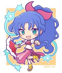 1girl :d aqua_eyes artist_name bangle belt blush_stickers border bracelet brown_belt chibi chibi_only clenched_hand curly_hair folding_fan full_body hand_fan hand_up highres holding holding_fan jewelry juliet_sleeves knee_up long_sleeves looking_at_viewer middle_part necklace no_nose no_pupils official_style open_mouth orange_background orange_sandals outline outside_border pelvic_curtain pink_skirt puffy_sleeves purple_hair puyopuyo puyopuyo_quest red_tube_top rulue_(puyopuyo) sandals shirt sidelocks skirt smile solo standing standing_on_one_leg strapless takazaki_piko toeless_footwear tube_top v-shaped_eyebrows white_border white_outline white_shirt wide_ponytail