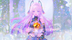 2girls ahoge armlet bare_shoulders biker_clothes bikesuit black_bodysuit black_jacket black_suit blue_eyes blurry blurry_background bodysuit bridal_gauntlets bubble chinese_commentary citlali_(genshin_impact) detached_sleeves facial_tattoo fire floating formal_clothes genshin_impact glowing glowing_hair gradient_hair hair_between_eyes hair_flowing_over hair_ornament hands_up headpiece highres huge_ahoge jacket jewelry leather leather_jacket leather_suit long_hair long_sleeves looking_down mavuika_(genshin_impact) mian_lang mini_person multicolored_hair multiple_girls open_mouth parted_bangs red_hair sidelocks sleeveless suit tattoo wide_sleeves