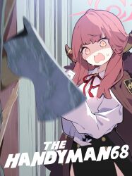 1girl absurdres aru_(blue_archive) axe blue_archive broken_door commentary_request halo highres horns jacket jacket_on_shoulders long_hair long_sleeves open_mouth parody pekeko_(pepekekeko) pink_hair problem_solver_68_(blue_archive) ribbon scared scene_reference shaded_face shirt skirt sweat the_shining white_shirt wide-eyed yellow_eyes