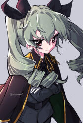 1girl anchovy_(girls_und_panzer) anzio_military_uniform arms_under_breasts belt black_bow black_coat black_necktie black_ribbon bow coat crossed_arms drill_hair epaulettes girls_und_panzer green_hair grey_background grey_jacket hair_bow hair_ribbon jacket long_hair looking_at_viewer military military_jacket military_uniform natsusa_(nts_summer) necktie red_eyes ribbon sam_browne_belt simple_background solo twin_drills