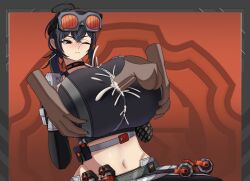 1girl 1other absurdres black_hair blush breasts closed_mouth cum cum_on_body cum_on_breasts cum_on_chest cum_on_clothes cum_on_upper_body frown grabbing_another&#039;s_breast grace_howard groping highres huge_breasts navel one_eye_closed paizuri penis perpendicular_paizuri red_background variant_set you6764 zenless_zone_zero