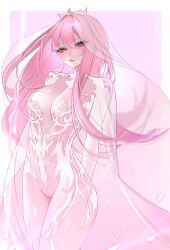 1girl absurdres alternate_costume arm_behind_back artist_name bodystocking bodysuit border breasts chronopattern_dress cloak commentary cowboy_shot dress eyelashes highres hololive hololive_english large_breasts long_hair looking_at_viewer meme_attire mori_calliope parted_lips pink_eyes pink_hair revealing_clothes solo tiara veil virtual_youtuber white_border white_cloak zamrsha