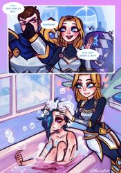 1boy 2girls arcane:_league_of_legends arcane_jinx armor bath blue_hair breasts cleavage cloud_tattoo garen_(league_of_legends) highres jinx_(league_of_legends) league_of_legends long_hair lux_(league_of_legends) multiple_girls nude poposhirat short_hair smile tattoo water