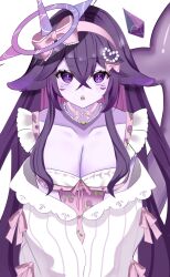 1girl 321oivi blush bow bowtie breasts cleavage collarbone colored_inner_hair crossed_bangs facial_mark fins fish_tail floral_print hair_between_eyes hair_bow halo highres indie_virtual_youtuber jewelry long_hair megalodon_(vtuber) multicolored_hair necklace open_mouth pearl_necklace pink_bow pink_hair pink_ribbon purple_hair ribbon rose_print shark_girl shark_tail sharp_teeth solo tail teeth virtual_youtuber whisker_markings