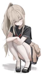 1girl absurdres black_serafuku blonde_hair blush high_heels highres laneigu legs long_hair mole mole_on_cheek neckerchief original pleated_skirt sailor_collar school_uniform serafuku shirt skirt solo thighhighs thighs very_long_hair yellow_eyes zettai_ryouiki