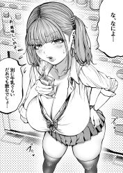 Rule 34 | 1girl, blush, breasts, cleavage, collarbone, drinking straw, earrings, greyscale, gyaru, hair ornament, hand on own hip, highres, huge breasts, jewelry, juice box, looking at viewer, milk carton, monochrome, nagisamade, necklace, original, pleated skirt, school uniform, shirt, skirt, solo, sweatdrop, thighhighs, thighs, twintails, vending machine