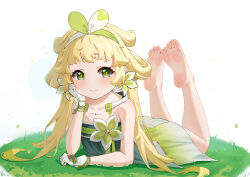 1girl absurdres barefoot blonde_hair blush feet grass green_eyes head_rest highres long_hair looking_at_viewer low_twintails lying on_stomach smile soles styx the_pose toes twintails verina_(wuthering_waves) wuthering_waves