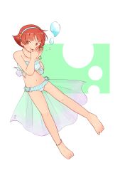 1girl absurdres anklet bare_arms bare_legs bare_shoulders barefoot bikini blue_bikini blue_hairband blunt_bangs bracelet breasts bubble dot_nose earrings flipped_hair frilled_bikini frills full_body groin hairband hands_up highres idolmaster idolmaster_million_live! idolmaster_million_live!_theater_days jewelry light_blush looking_at_viewer medium_breasts navel necklace nonohara_akane open_mouth orange_eyes orange_hair own_hands_together pearl_bracelet pearl_necklace short_hair solo swimsuit uwkpt