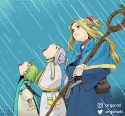 3girls =_= ambrosia_(dungeon_meshi) argarad blonde_hair blue_capelet blue_dress braid capelet choker coco_(tongari_boushi_no_atelier) commentary crossover crown_braid dress dungeon_meshi earrings elf empty_eyes english_commentary frieren goku_and_vegeta_in_the_rain_(meme) green_eyes green_hair grey_hair highres instagram_username jewelry marcille_donato meme multiple_crossover multiple_girls open_mouth pointy_ears pouch rain red_choker skirt sousou_no_frieren tongari_boushi_no_atelier tongue tongue_out twitter_username white_capelet white_skirt wide_sleeves