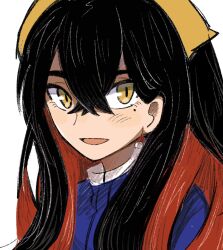 1girl :d black_hair blue_jacket carmine_(pokemon) colored_inner_hair crossed_bangs game_freak hair_between_eyes hairband han0579 highres jacket long_hair looking_at_viewer mole mole_under_eye multicolored_hair nintendo open_mouth pokemon pokemon_sv red_hair smile solo two-tone_hair upper_body white_background yellow_eyes yellow_hairband