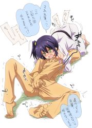 1boy 1girl barefoot black_hair blush breasts closed_eyes faceless faceless_male fang femdom highres judo medium_breasts open_mouth original short_hair simple_background smile speech_bubble spread_legs sweat text_focus translation_request white_background yaneko_uta