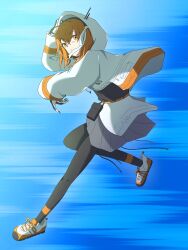 1girl a.i._voice adachi_rei belt belt_pouch black_pantyhose black_shirt blue_background from_side full_body grey_skirt hair_ribbon hand_up highres hood hood_up hooded_jacket jacket long_sleeves looking_at_viewer looking_to_the_side miniskirt molmax0710 open_clothes open_jacket orange_belt orange_eyes orange_hair pantyhose pouch ribbon shirt shoes skirt sneakers solo standing standing_on_one_leg utau white_jacket white_ribbon white_shoes
