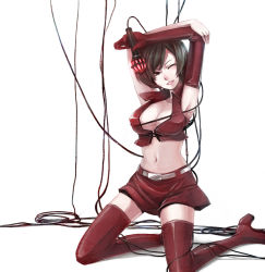 1girl armpits arms_up bad_id bad_pixiv_id belt boots breasts brown_eyes brown_hair cleavage crop_top elbow_gloves female_focus gloves grin kaida_michi kneeling meiko_(vocaloid) microphone midriff miniskirt navel one_eye_closed prezzo short_hair simple_background single_glove skirt smile solo thigh_boots thighhighs vocaloid wink zettai_ryouiki