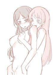 2girls bang_dream! bang_dream!_it&#039;s_mygo!!!!! biting_shoulder blue_eyes blush breasts brown_hair chihaya_anon completely_nude fang fingering grabbing_another&#039;s_breast grabbing_from_behind groping jenjen large_breasts long_hair multiple_girls nagasaki_soyo nipples nude open_mouth pink_hair protected_link reach-around simple_background smile white_background yuri