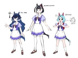 3girls :3 :d animal_ears backpack bag bare_arms black_bow black_bowtie black_hair bloom_(irys) blue_eyes blue_hair blue_hairband blunt_bangs bow bowtie brown_shoes chattino_(raora_panthera) commentary dasdokter ear_ribbon english_commentary frilled_skirt frills full_body fusion gloom_(irys) grey_eyes hair_bun hair_ornament hairband heterochromia holding_strap hololive hololive_english horn_hairband horse_ears horse_girl horse_tail horseshoe_ornament jailbird_(nerissa_ravencroft) kneehighs loafers long_hair multicolored_hair multiple_girls open_mouth personification pleated_skirt puffy_short_sleeves puffy_sleeves randoseru red_eyes school_uniform shoes short_hair short_sleeves simple_background skirt smile socks streaked_hair tail thighhighs tracen_school_uniform two-tone_hair umamusume very_long_hair virtual_youtuber white_background white_hair white_socks white_thighhighs x_hair_ornament zettai_ryouiki