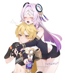 1boy 1girl absurdres aether_(genshin_impact) ahoge bare_shoulders black_gloves black_leotard blonde_hair blush can chin_rest citlali_(genshin_impact) closed_mouth commentary dated facial_mark fingerless_gloves floating_headgear forehead_mark genshin_impact gloves hair_between_eyes hand_up head_on_head head_rest headgear highres holding holding_can leotard long_hair multicolored_hair navel open_mouth pink_hair purple_hair simple_background sleeveless_turtleneck_leotard small_sweatdrop stomach triangle triangle_facial_mark tutimaru0730 twitter_username very_long_hair white_background yellow_eyes
