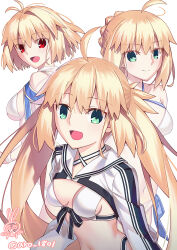 3girls ahoge arcueid_brunestud arms_behind_back aro_1801 artoria_caster_(fate) artoria_caster_(swimsuit_berserker)_(fate) artoria_caster_(swimsuit_berserker)_(first_ascension)_(fate) artoria_pendragon_(fate) artoria_pendragon_(swimsuit_archer)_(fate) artoria_pendragon_(swimsuit_archer)_(first_ascension)_(fate) asymmetrical_clothes asymmetrical_pants bare_arms bare_shoulders bikini blonde_hair blue_ribbon bra braid breasts collarbone criss-cross_halter cropped_jacket dress fate/grand_order fate_(series) green_eyes halterneck jacket large_breasts long_hair long_sleeves looking_at_viewer multiple_girls off_shoulder open_mouth red_eyes ribbon saber_(fate) short_hair shrug_(clothing) side-tie_bikini_bottom signature simple_background single_bare_leg single_hair_intake sleeveless sleeveless_dress smile standing striped_clothes striped_jacket swimsuit twintails twitter_username type-moon type-moon_heroines underwear white_background white_bikini white_dress white_jacket