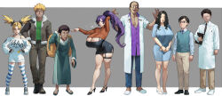 3girls 5boys agu_(agoppdki) arm_behind_head bare_legs bare_shoulders black_hair black_shoes blonde_hair breasts character_request cleavage cross cross_necklace doctor dress faceless faceless_male fishnets full_body gigantic_breasts glasses grey_background high_heels huge_breasts jacket jewelry large_breasts long_dress long_hair looking_up maya_motoko_(agu) multicolored_hair multiple_boys multiple_girls necklace necktie open_mouth orange_eyes ponytail purple_hair shoes short_hair simple_background tagme thighhighs tight_clothes twintails two-tone_hair white_dress zettai_ryouiki