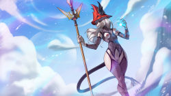 1girl absurdres alanscampos animal_ears burmecian cleft_of_venus cloud dragoon final_fantasy final_fantasy_ix freija_crescent furry furry_female green_eyes hat highres lingerie long_hair magic mouse_tail nipples polearm pussy ribbon sharp_nails sky snout solo spear tail tail_ornament tail_ribbon underwear weapon white_hair