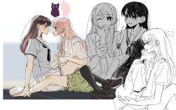 2girls animalization bang_dream! bang_dream!_it&#039;s_mygo!!!!! between_legs black_shoes black_socks blue_shirt blush breath brown_hair cat chihaya_anon collared_shirt commentary_request finger_in_another&#039;s_mouth green_skirt grey_eyes hanasakigawa_school_uniform hand_on_another&#039;s_shoulder haneoka_school_uniform highres kneehighs korean_commentary long_hair multiple_girls one_eye_closed otaku5252 parted_lips pink_hair plaid_clothes plaid_skirt pleated_skirt purple_eyes sailor_collar school_uniform shiina_taki shirt shoes short_sleeves skirt socks sweat white_sailor_collar white_shirt white_shoes white_skirt white_socks yuri