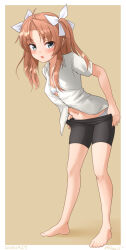 1girl ahoge barefoot bike_shorts border bra brown_background brown_hair collared_shirt commentary_request dress_shirt dressing full_body grey_eyes hair_ribbon highres kagerou_(kancolle) kagerou_kai_ni_(kancolle) kantai_collection long_hair looking_at_viewer navel one-hour_drawing_challenge panties ray.s ribbon shirt solo standing underwear white_border white_bra white_panties white_ribbon white_shirt