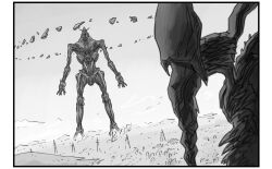 bit_(gundam) black_border bokurano border city greyscale gundam gundam_gquuuuuux highres imminent_fight mecha mecha_focus monochrome niiyan no_humans parody psyco_gundam_(gquuuuuux) redesign robot zearth