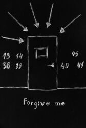 afraid_of_monsters arrow_(symbol) black_background cellar_art color_contrast door english_text greyscale highres monochrome no_humans numbered simple_background still_life